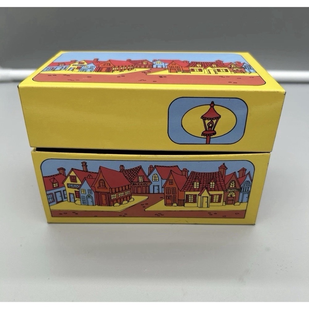 Vintage Syndicate Mfg Metal Recipe Box Yellow Houses Tin Kitchen Storage